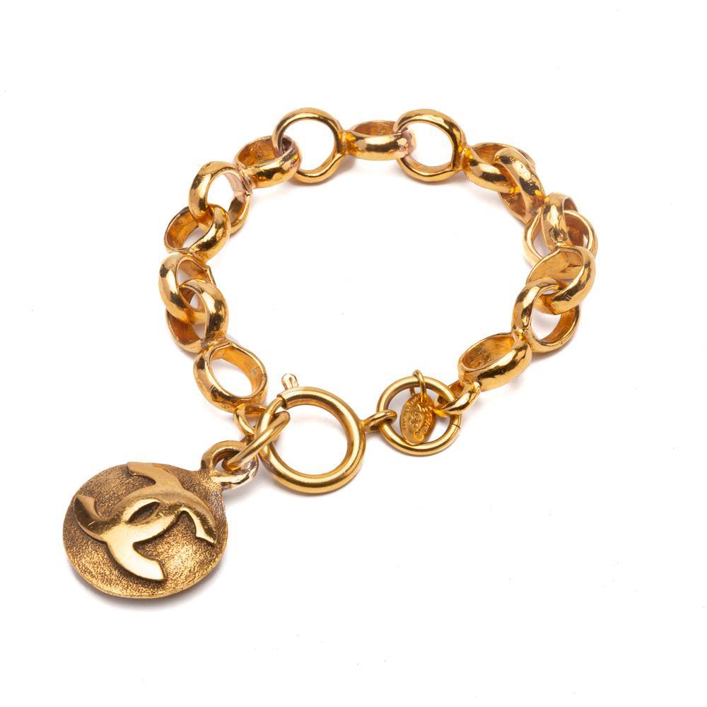 Chanel Gold Calfskin Leather Logo Cuff Bracelet Modern