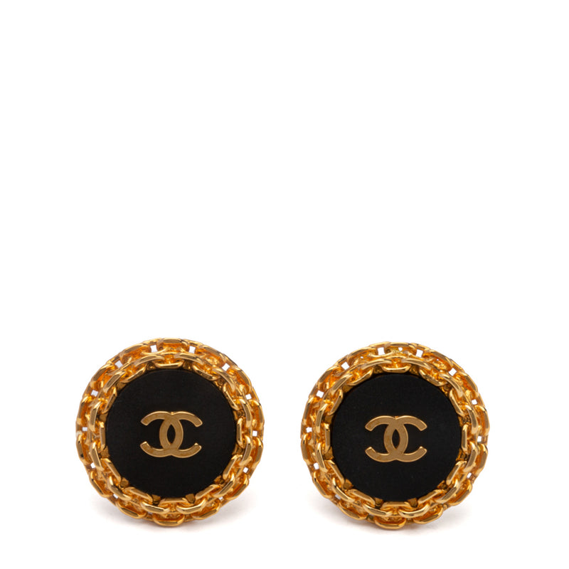 Chanel 2022 Gold/Black Leather Large Hanging CC Earrings