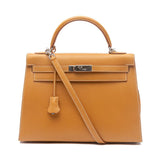 Box Leather Palladium Plated Kelly Sellier 32 Natural Bag.