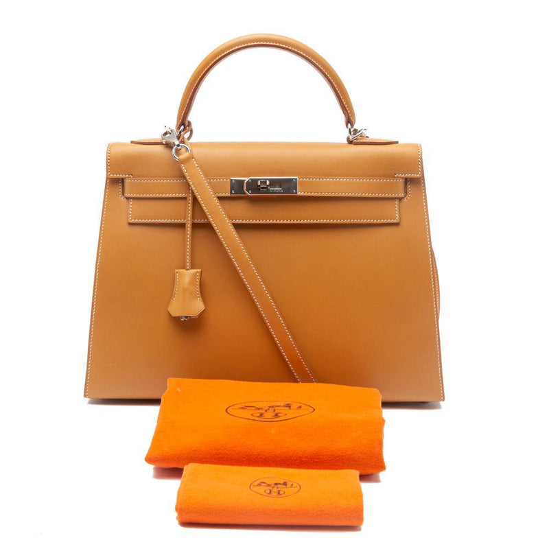 Box Leather Palladium Plated Kelly Sellier 32 Natural Bag.