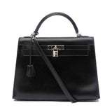 Box Leather Palladium Plated Kelly Sellier 32 Black Bag.