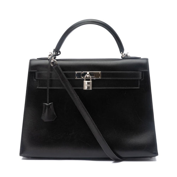 Box Leather Palladium Plated Kelly Sellier 32 Black Bag.