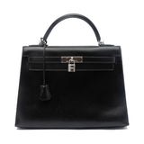 Box Leather Palladium Plated Kelly Sellier 32 Black Bag.