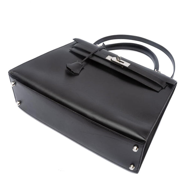 Box Leather Palladium Plated Kelly Sellier 32 Black Bag.