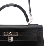 Box Leather Palladium Plated Kelly Sellier 32 Black Bag.