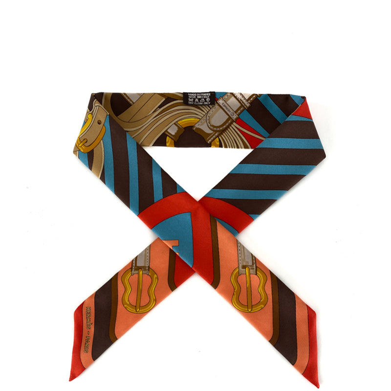Hermes Rouge/Peche/Chocolat Silk Coaching Twilly Scarf - Luxybit