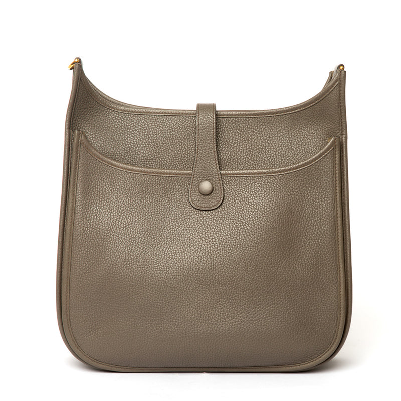 Hermes Gris Etain Clemence Leather Evelyne GM III Bag