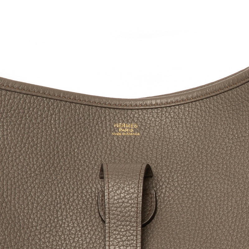 Hermes Gris Etain Clemence Leather Evelyne GM III Bag with Gold Hardware