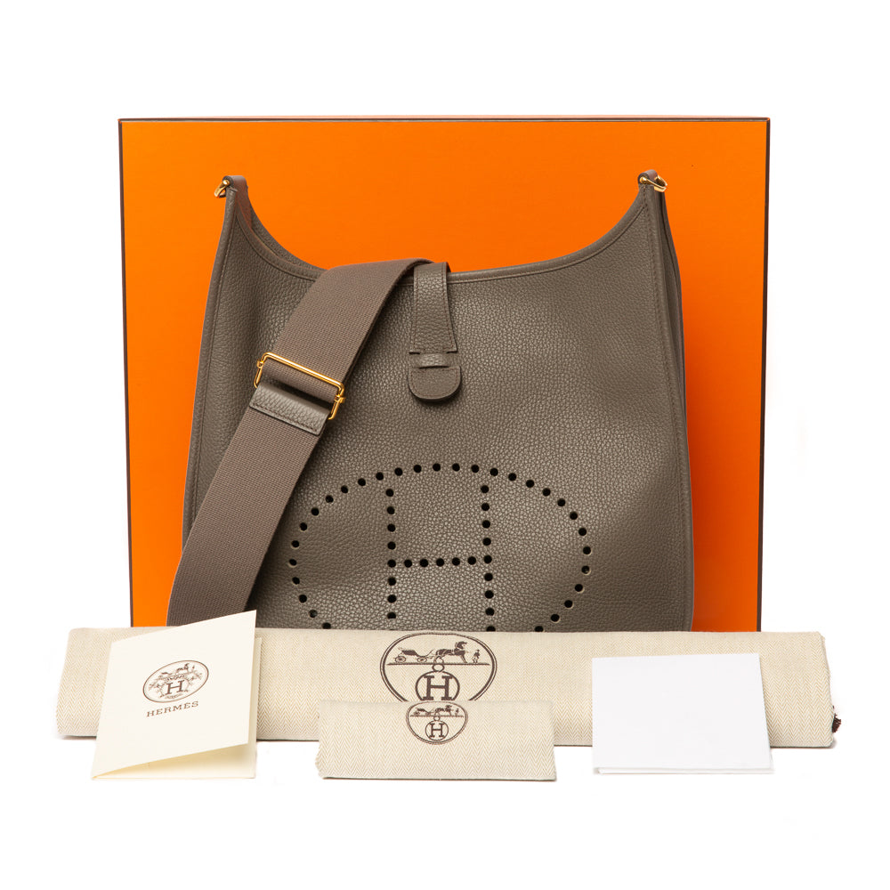 Hermes Chocolat Clemence Leather Evelyne III GM Bag - Yoogi's Closet