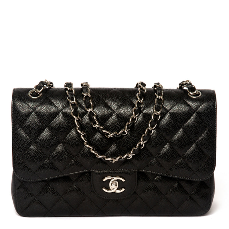 Chanel White Quilted Caviar Medium Classic Double Flap with Silver Chain