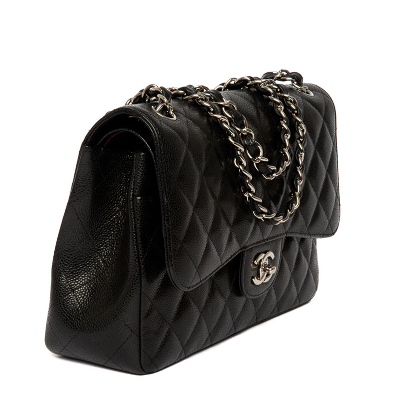 Chanel Black Quilted Caviar Leather Classic Jumbo Double Flap Bag