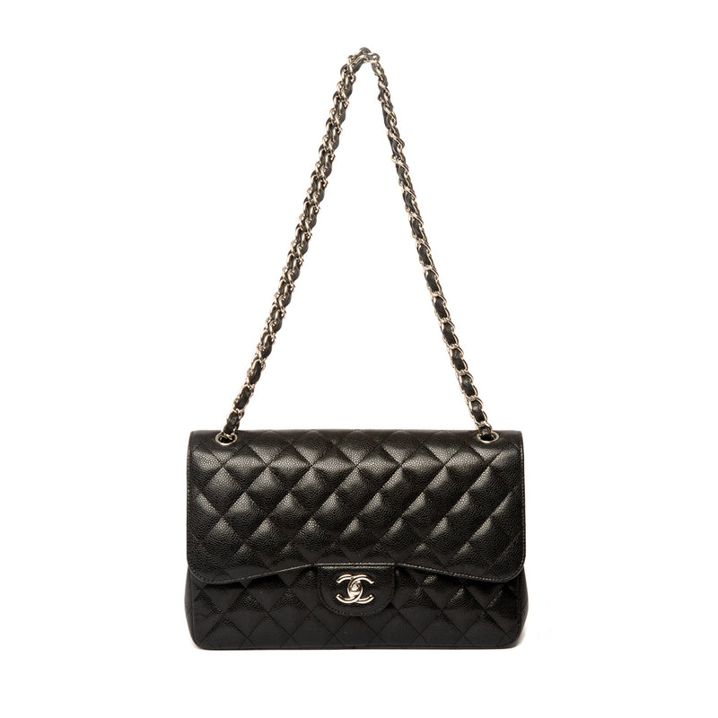 Chanel Black Quilted Caviar Jumbo Classic Double Flap Silver