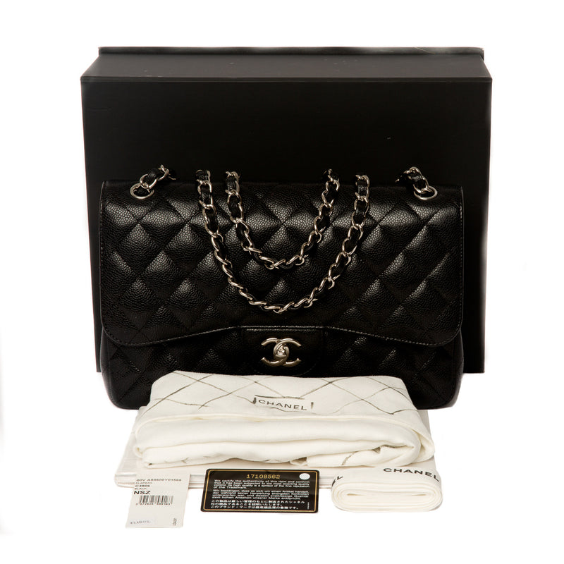 CHANEL - Jumbo Caviar Leather CC Classic Flap - Black / Silver Shoulder Bag