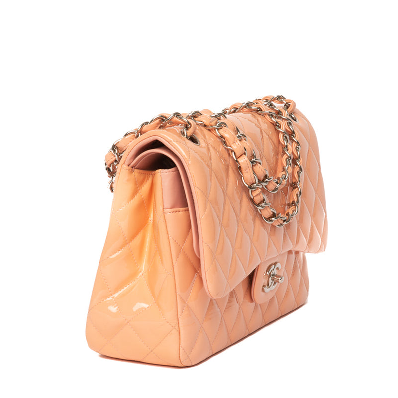Chanel Peach Quilted Patent Leather Classic Jumbo Double Flap Bag