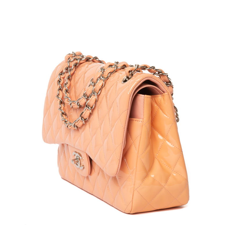 Chanel Peach Quilted Patent Leather Classic Jumbo Double Flap Bag