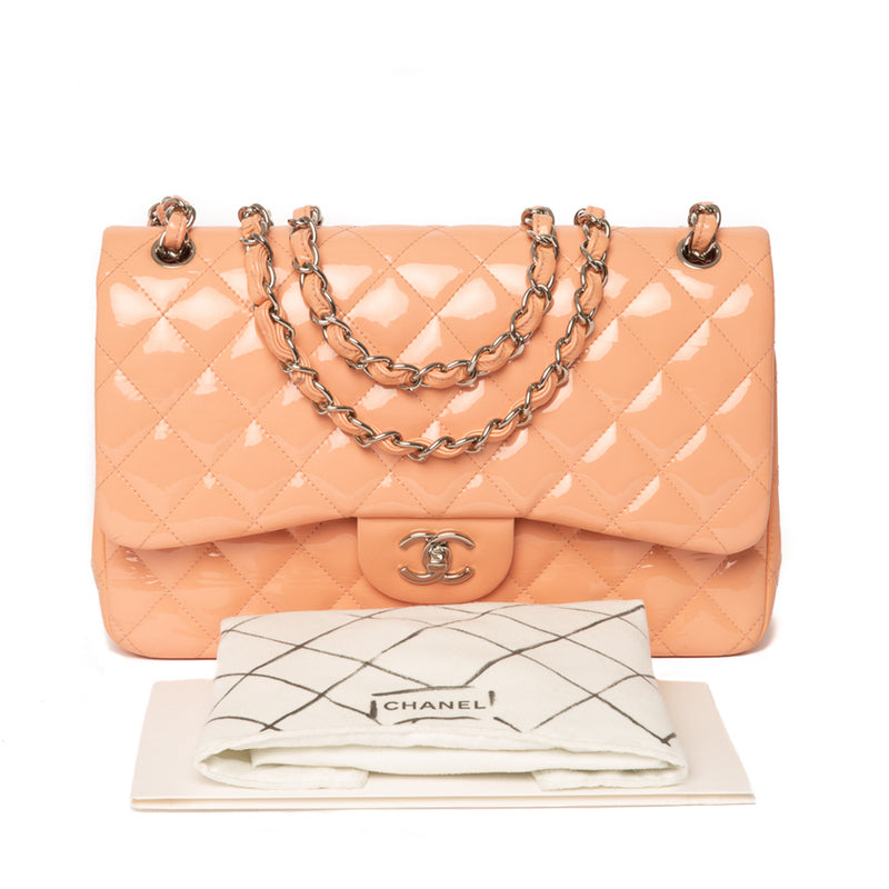 Chanel Peach Quilted Patent Leather Classic Jumbo Double Flap Bag