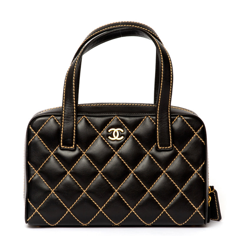 Chanel Pink & Black Leather Quilted Top Handle Interlocking C Logo Bag