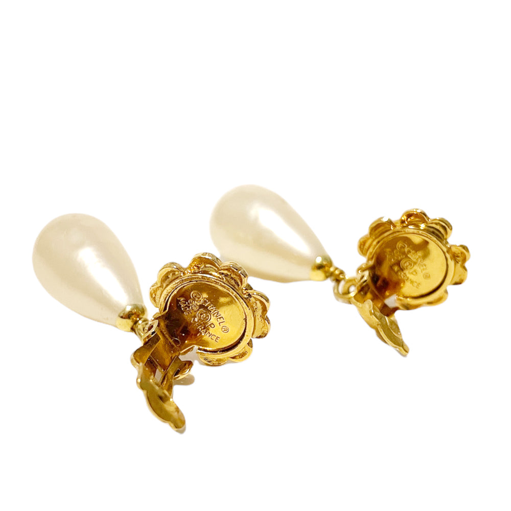 Chanel No 5 Style Enameled Camellia Flower and Pearl Earrings