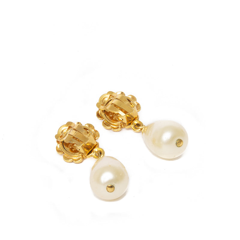 Chanel Vintage Gold Camellia Pearl Earrings 1993