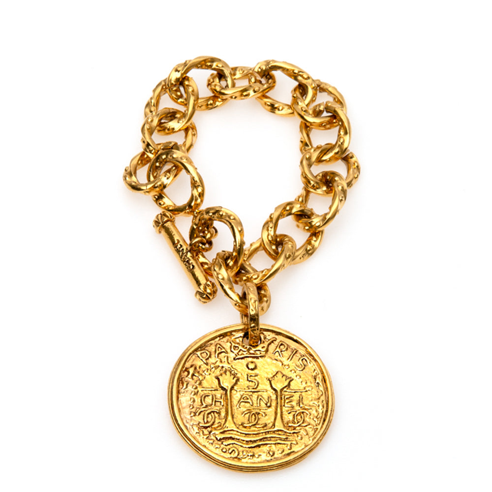Chanel Vintage Gold Medallion Coin CC Charms Chain Link Dangle Cuff Bracelet