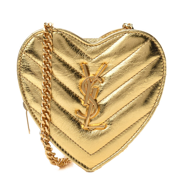 SAINT LAURENT Metallic Calfskin Monogram Heart Key Pouch Silver