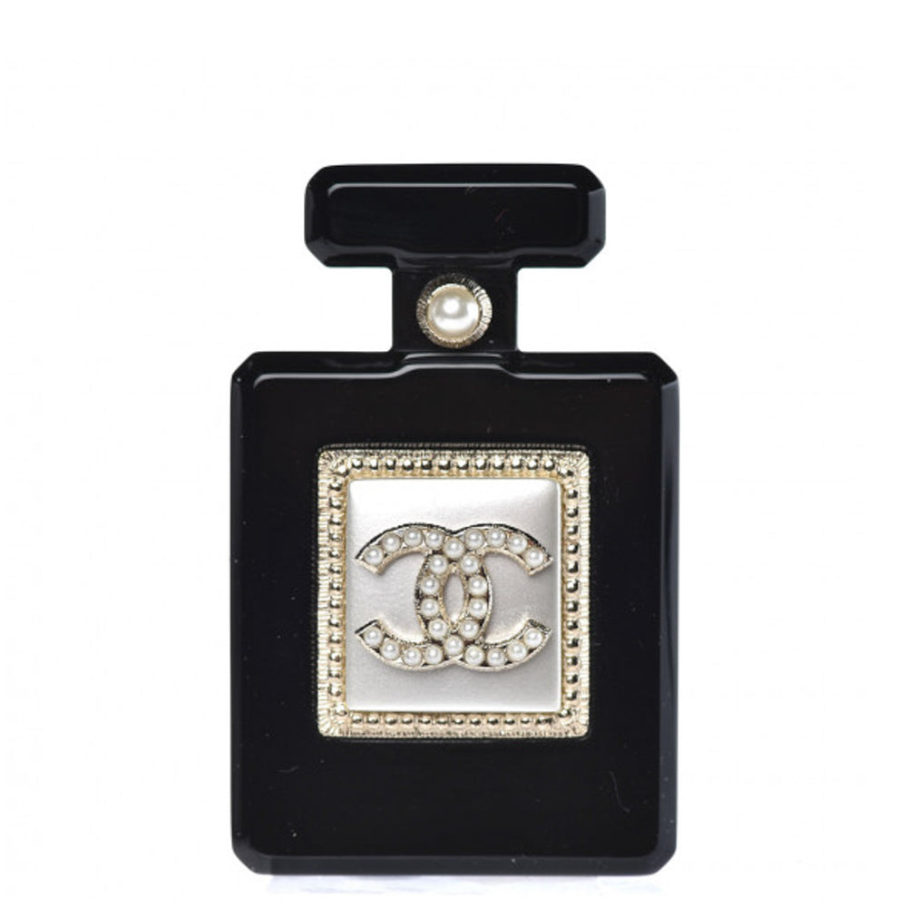 Chanel Crystal, Black Leather and Pale Gold Metal CC Perfume Bottle Brooch, Contemporary Jewelry (Like New)