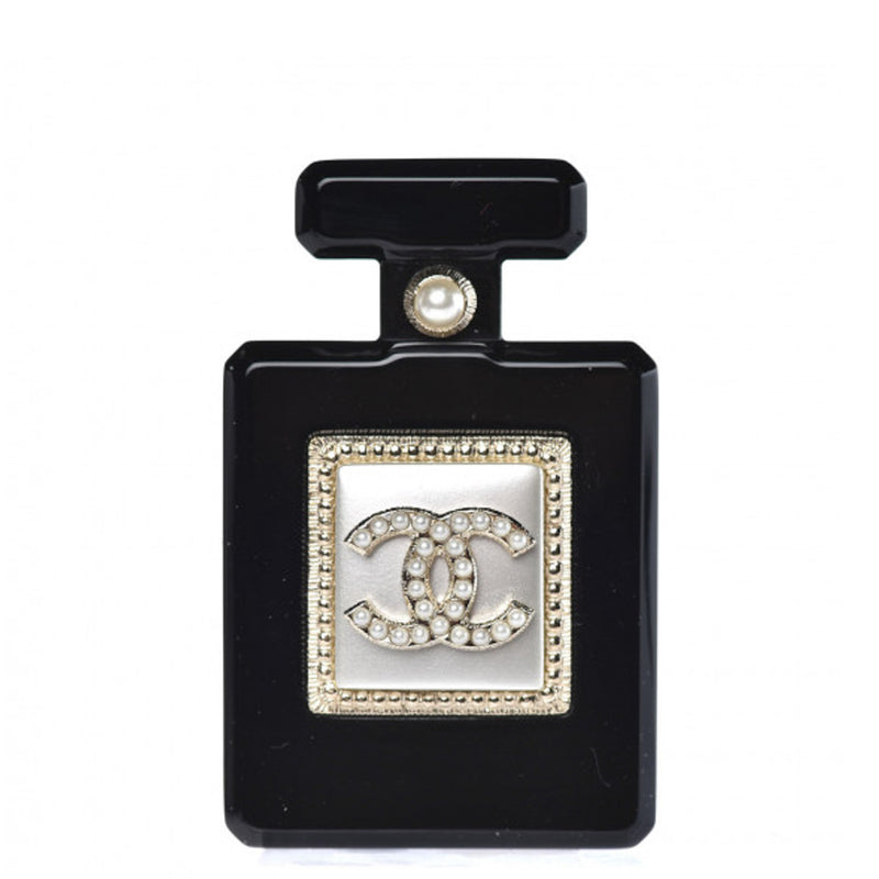 Chanel Black Resin Perfume Bottle Pearl CC Brooch