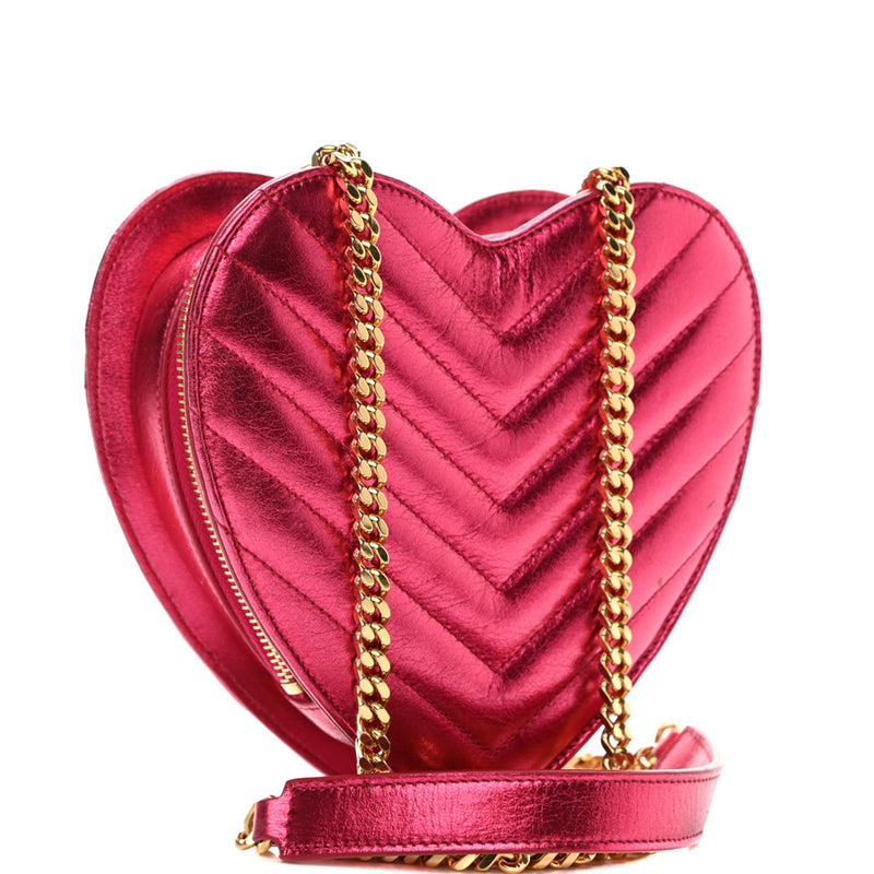 SAINT LAURENT Metallic Calfskin Monogram Heart Key Pouch Silver